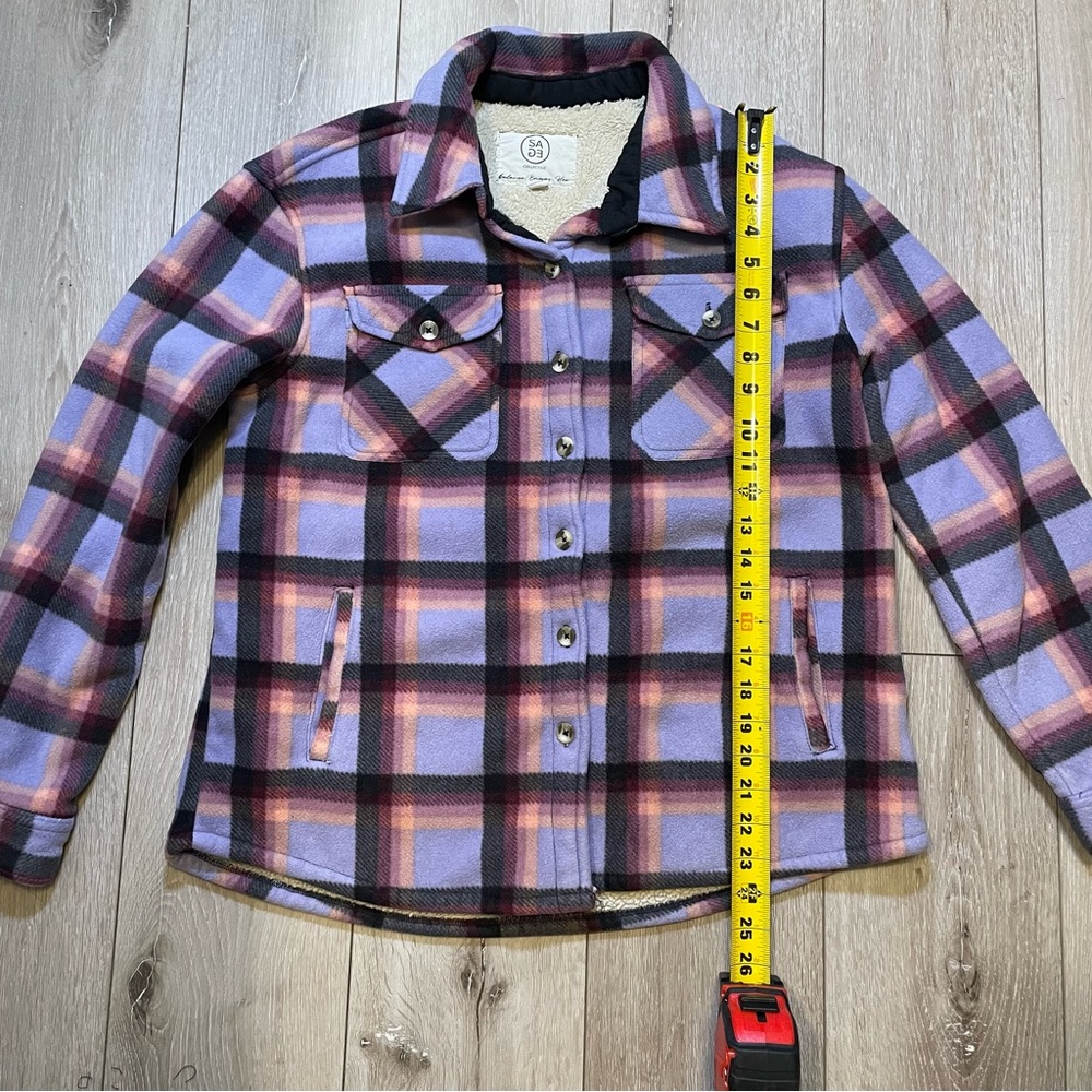 SAGE Collective Purple Plaid Sherpa Lined Shacket Jacket M Cozy Flannel - Picture 6 of 7